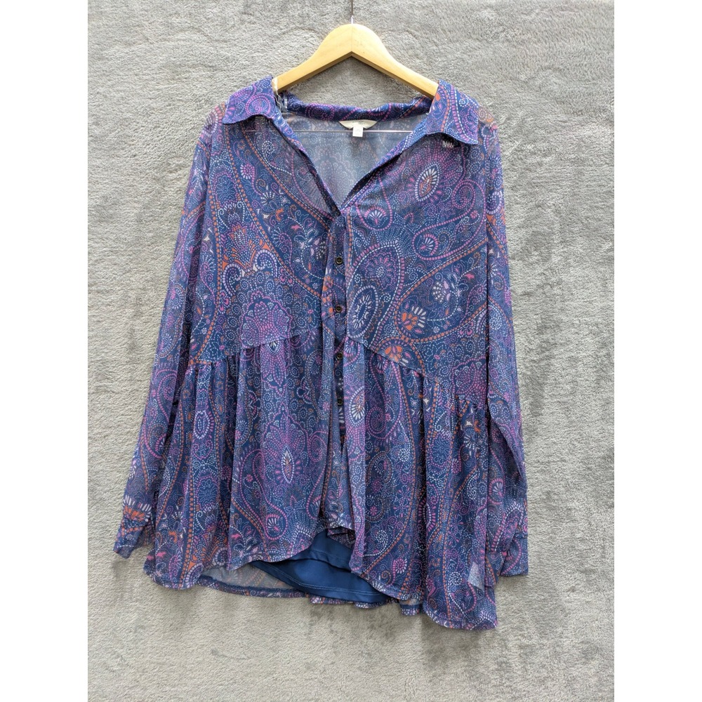 Boho Paisley Peplum Blouse Womens 3X Blue Mesh Button Front Tiered Top